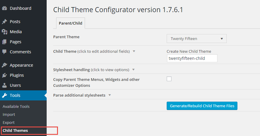 Child Theme Configurator Admin Page